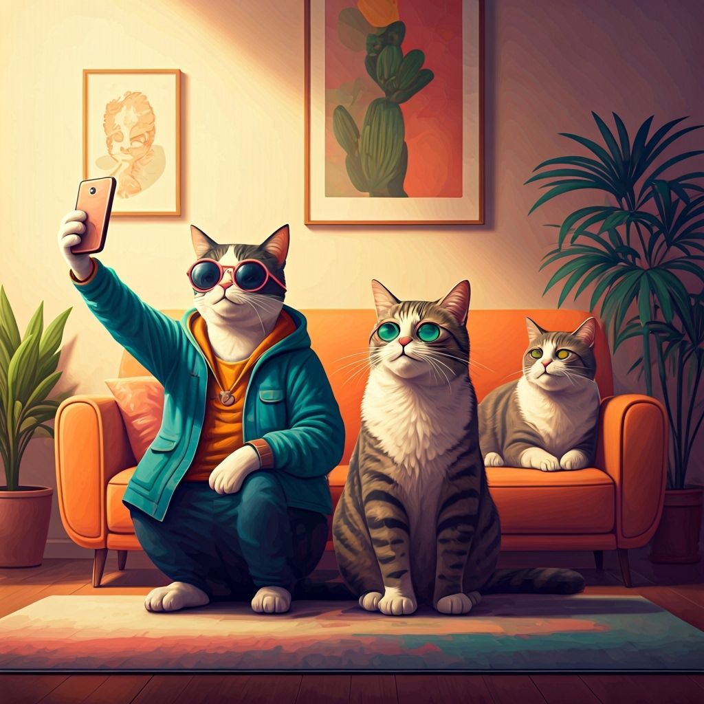 Gen Z Cat Selfie with Boomers, Digital Art Illustration