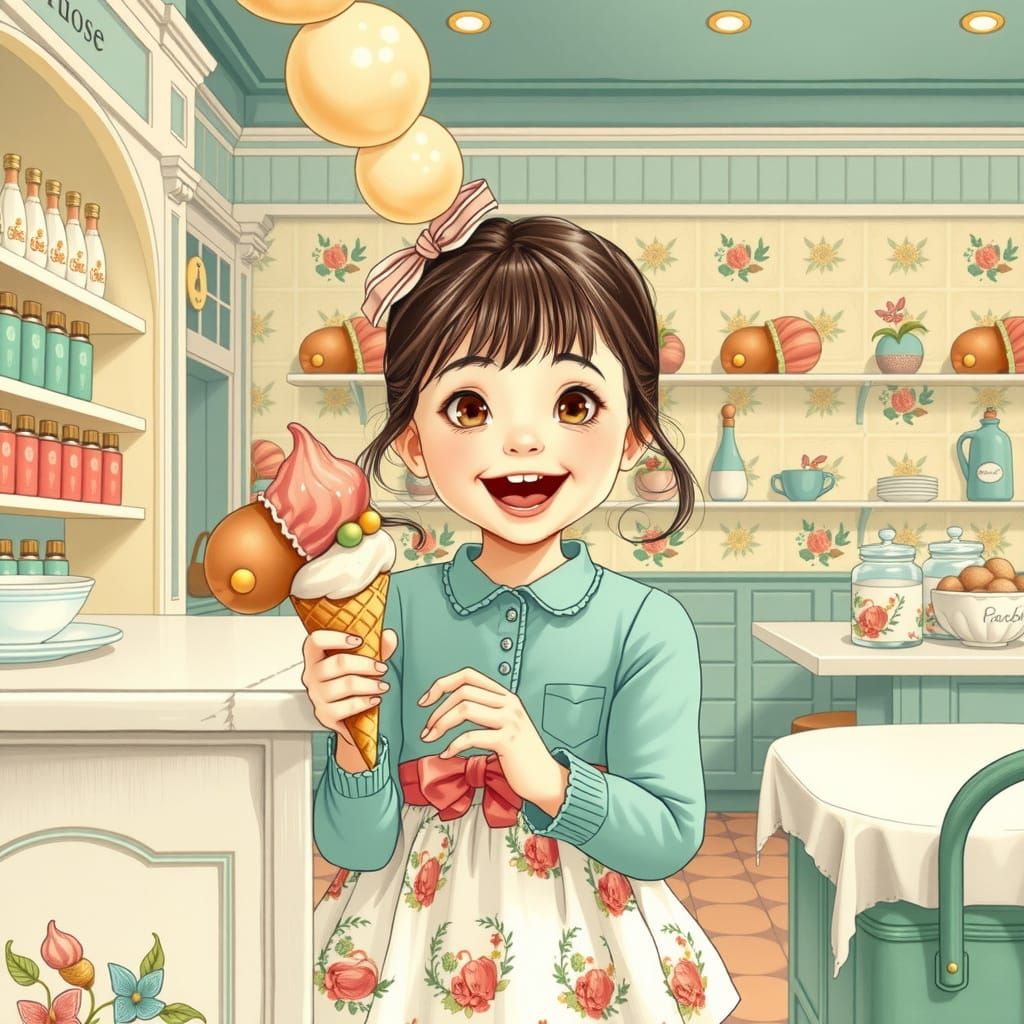 Girl with Snail Ice Cream in Beatrix Potter Style