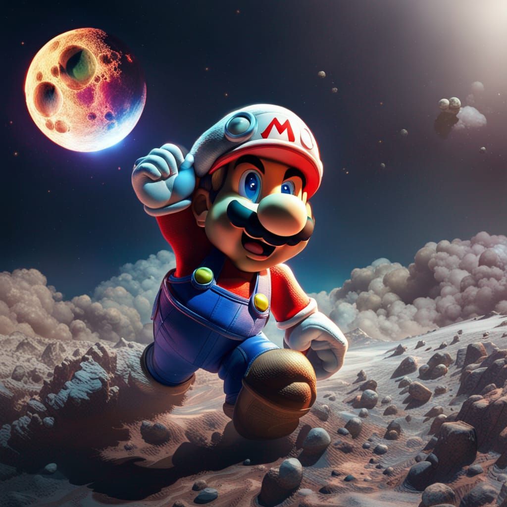 Super Mario Walks on the Moon: Hyperrealistic Octane Render