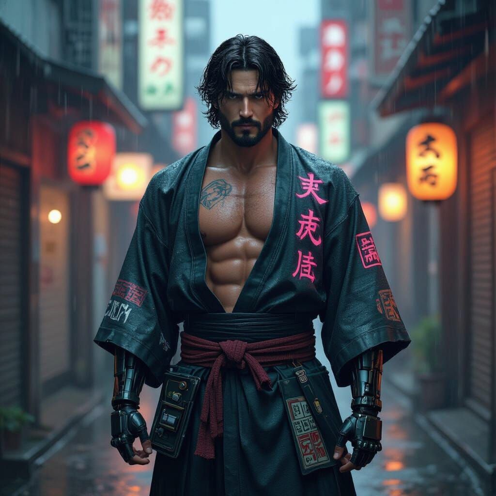 Cyberpunk Warrior in Rain-Slicked Tokyo Alley