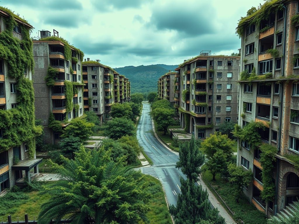 Abandoned City Reclaimed by Nature in Pop Art Style