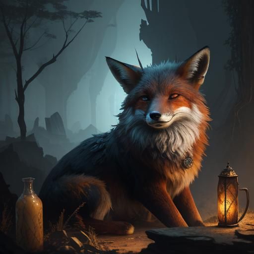 Scarred Fox Amidst Ancient Ruins: Fantasy Concept Art