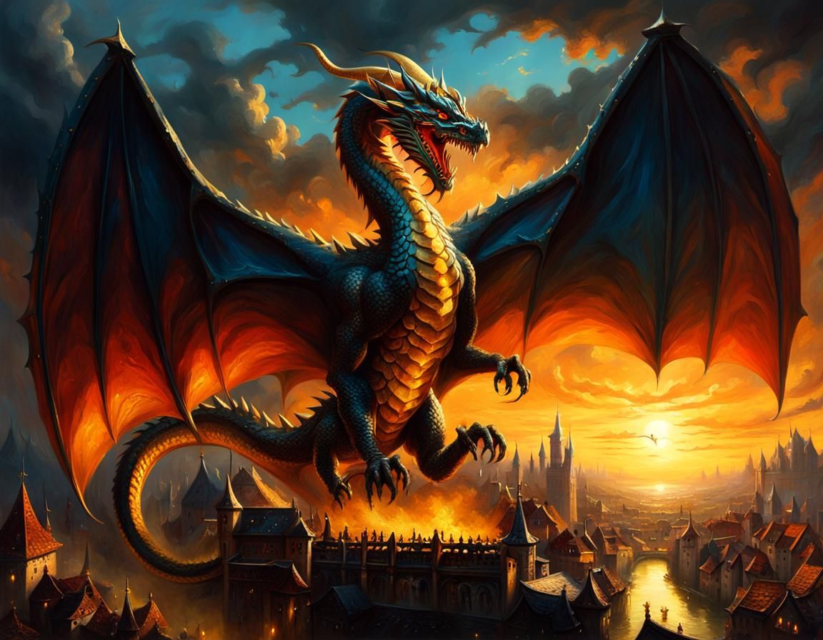 Dragon Over Medieval Town in Fantasy Oil Painting