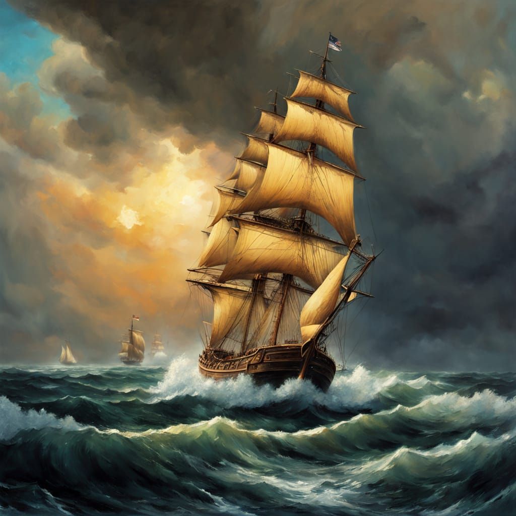 Dramatic Boat Sails Stormy Seas: Maritime Painting