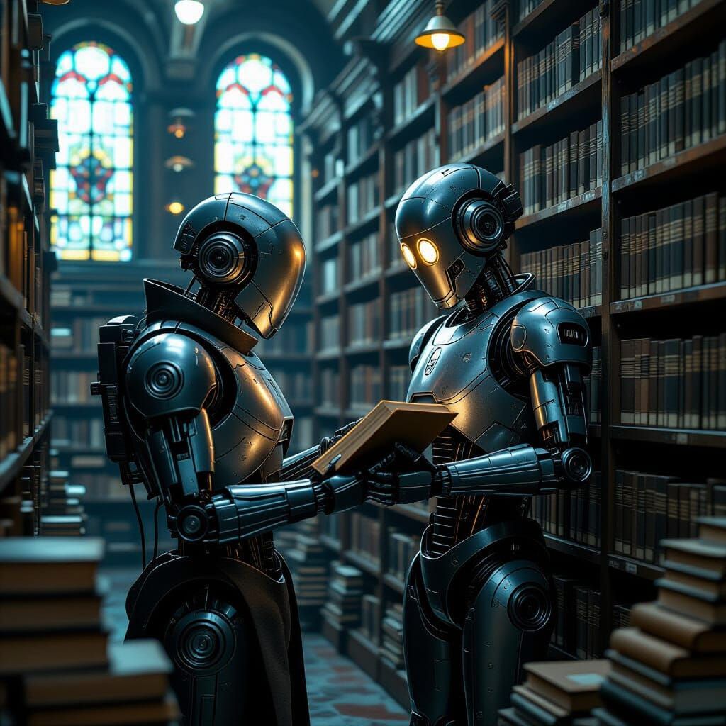 Robot Librarian Shelving Books in Dystopian Library