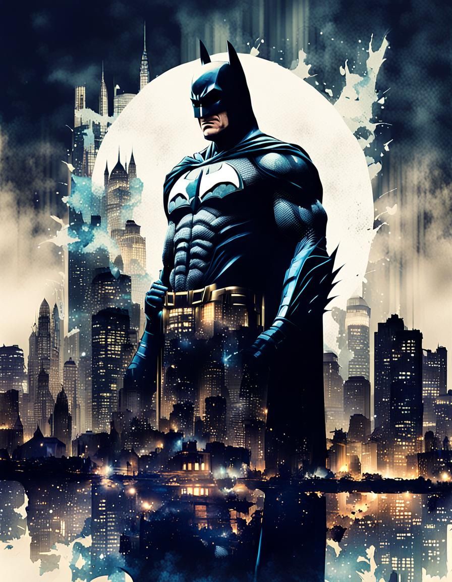 Batman Double Exposure Over Gotham Cityscape