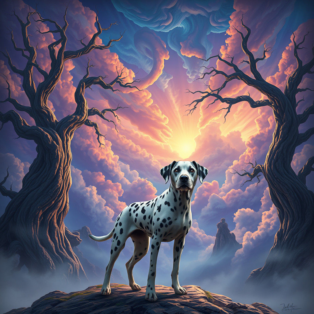 Heroic Dalmatian in Dreamlike Fantasy Landscape