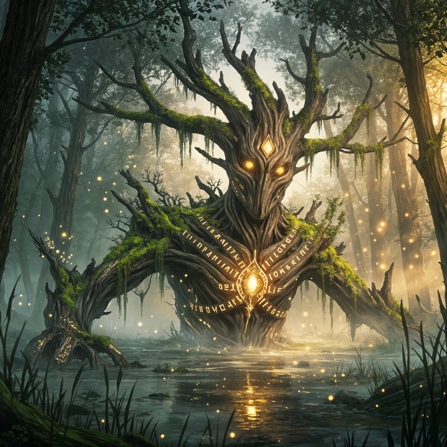 A majestic treefolk emerges from a misty marsh, its bark ado...