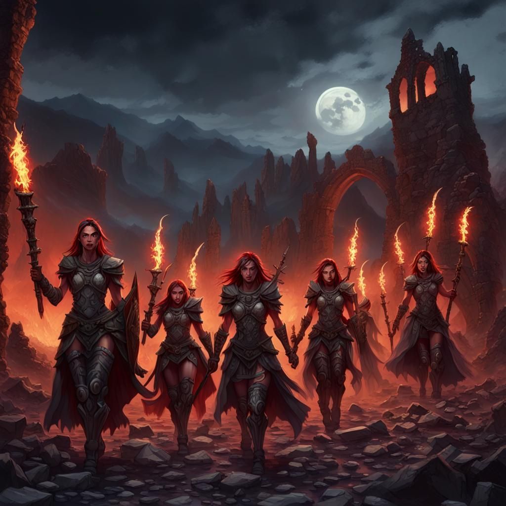 Female Warriors in Burning Gothic Village