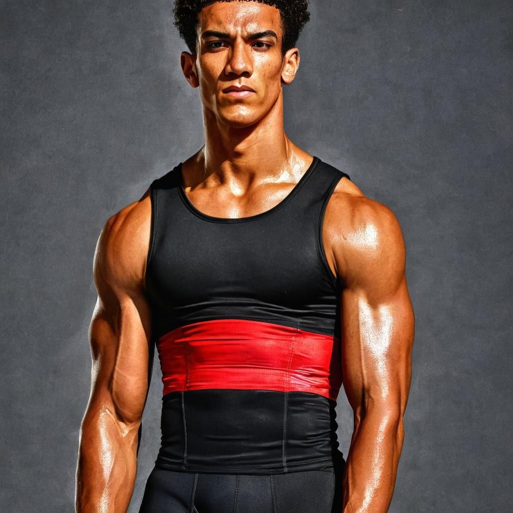 Muscular Man Portrait with Red Accents, Hyper-Realistic Pain...