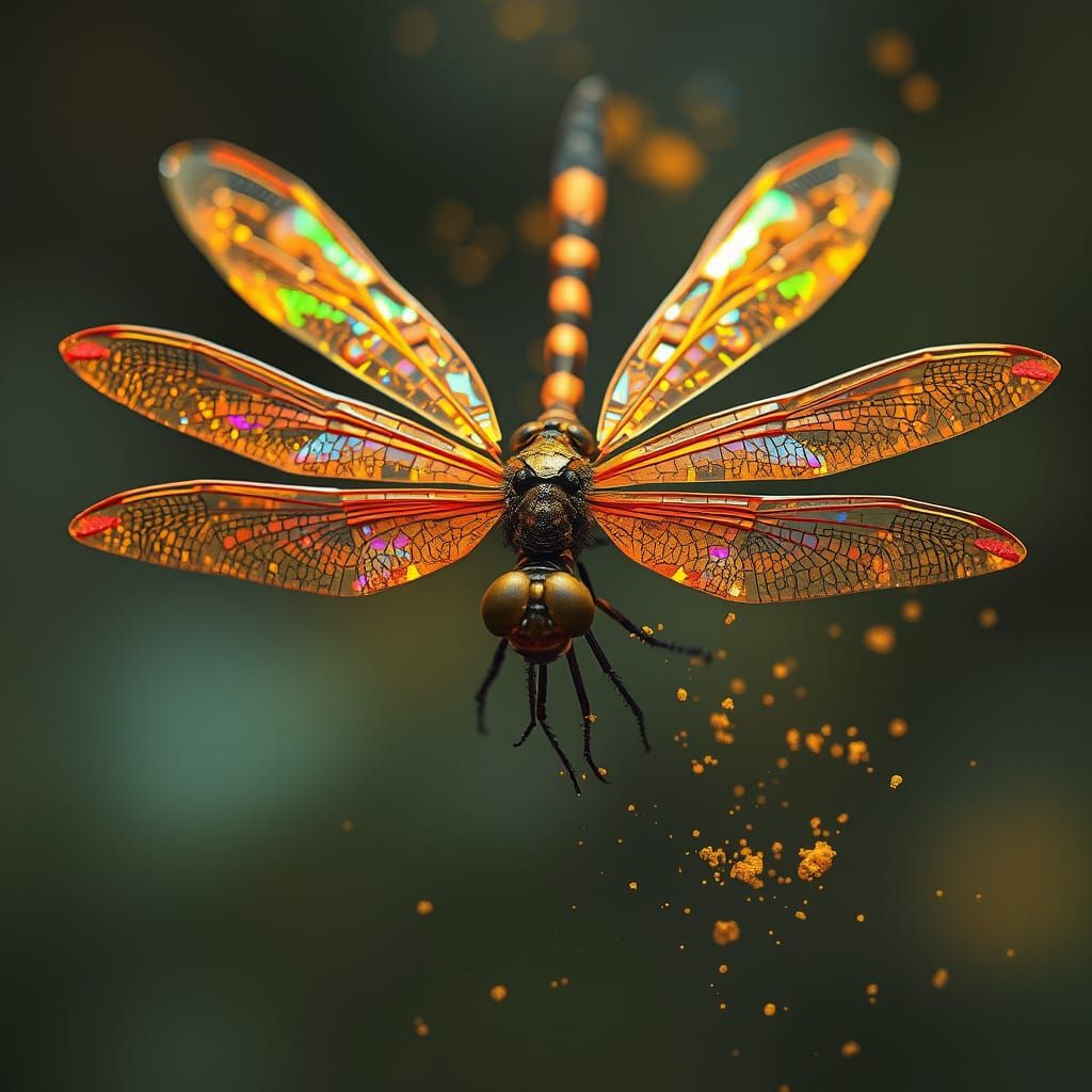 Futuristic Dragonfly with Copper Wings and Iridescent Glass