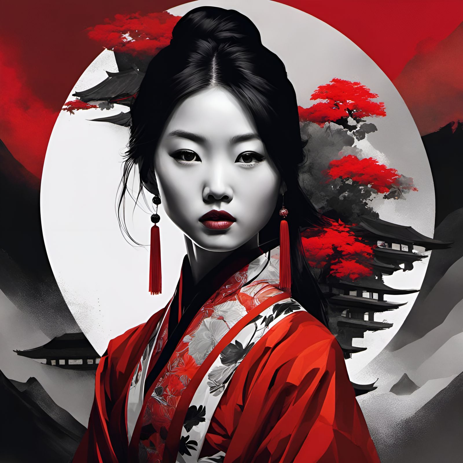 Abstract Asian Girl Portrait in Black and White