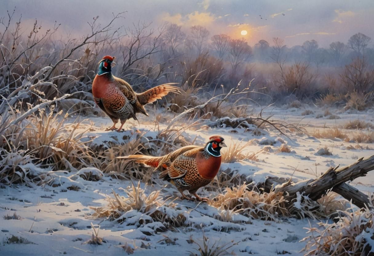 Pheasants in Foggy Landscape: Watercolor Impressionism
