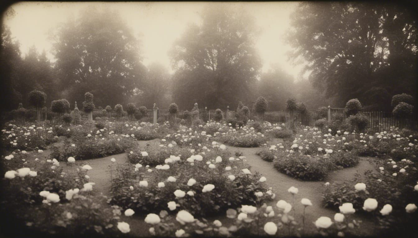 A cosmic rose garden realism monochromatic 1900s photograph ...