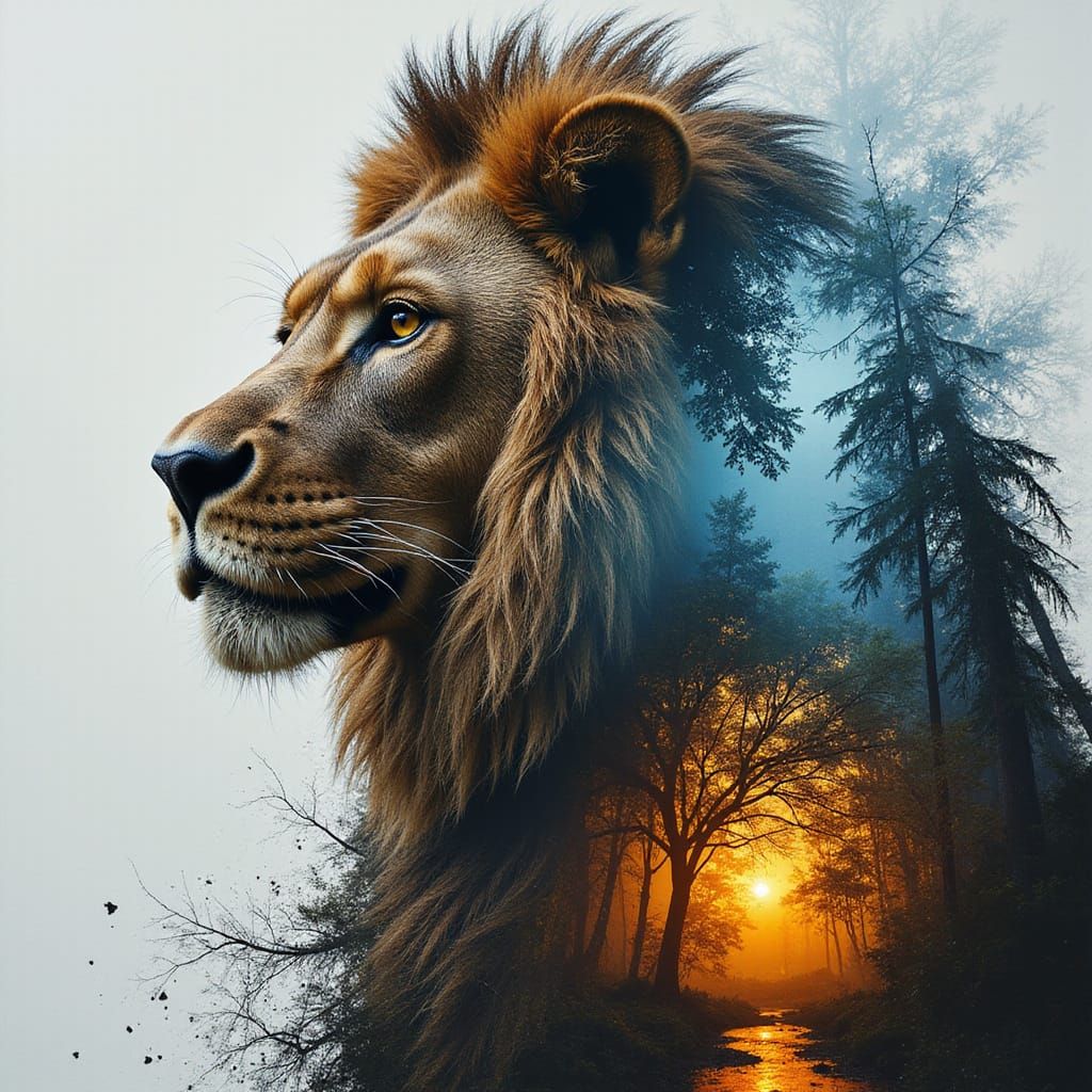 "Double exposure full portrait of a insanely majestic King w...