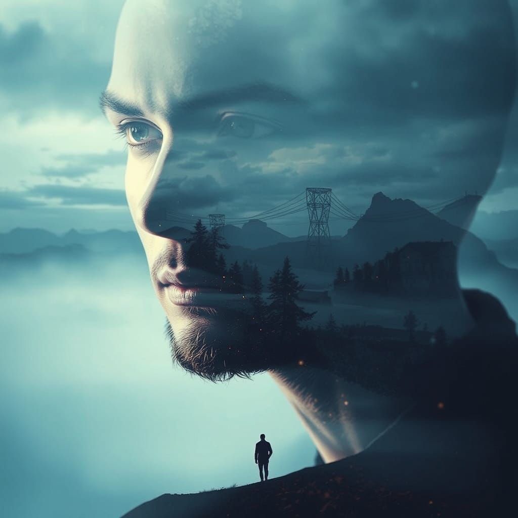 Sinister Double Exposure Face and Landscape