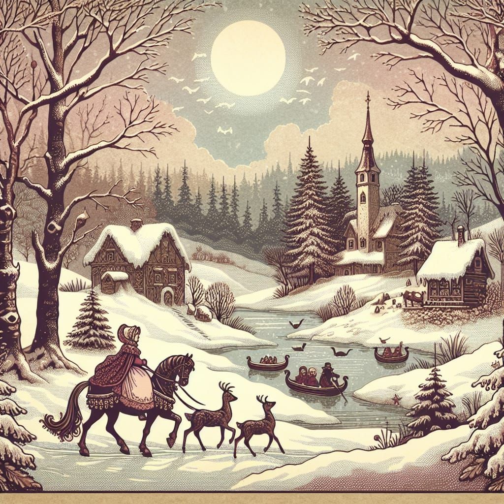 Whimsical Winter Scene in Vintage Folk Art Style