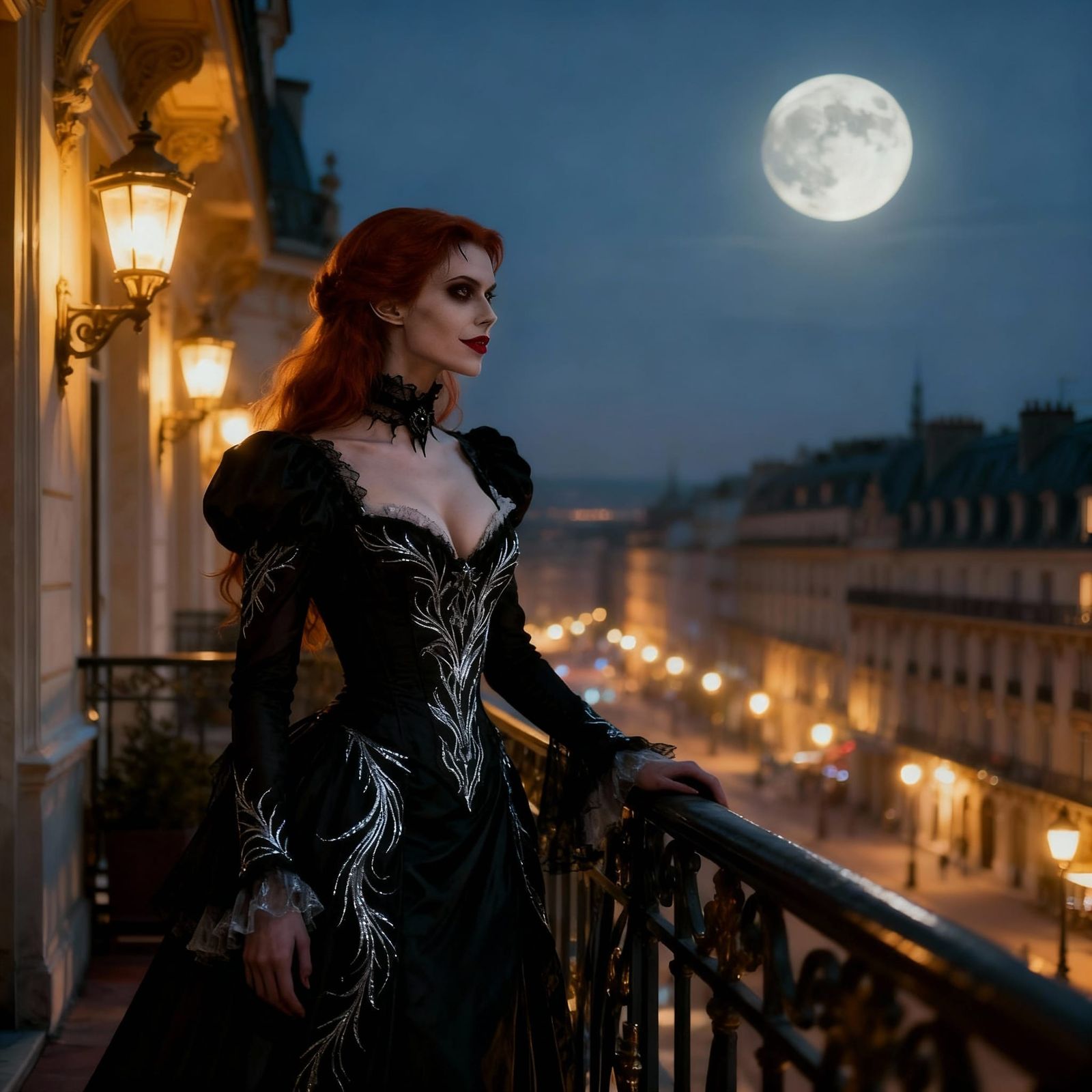 Vampire Woman on Belle Epoch Balcony Overlooking Gaslit City