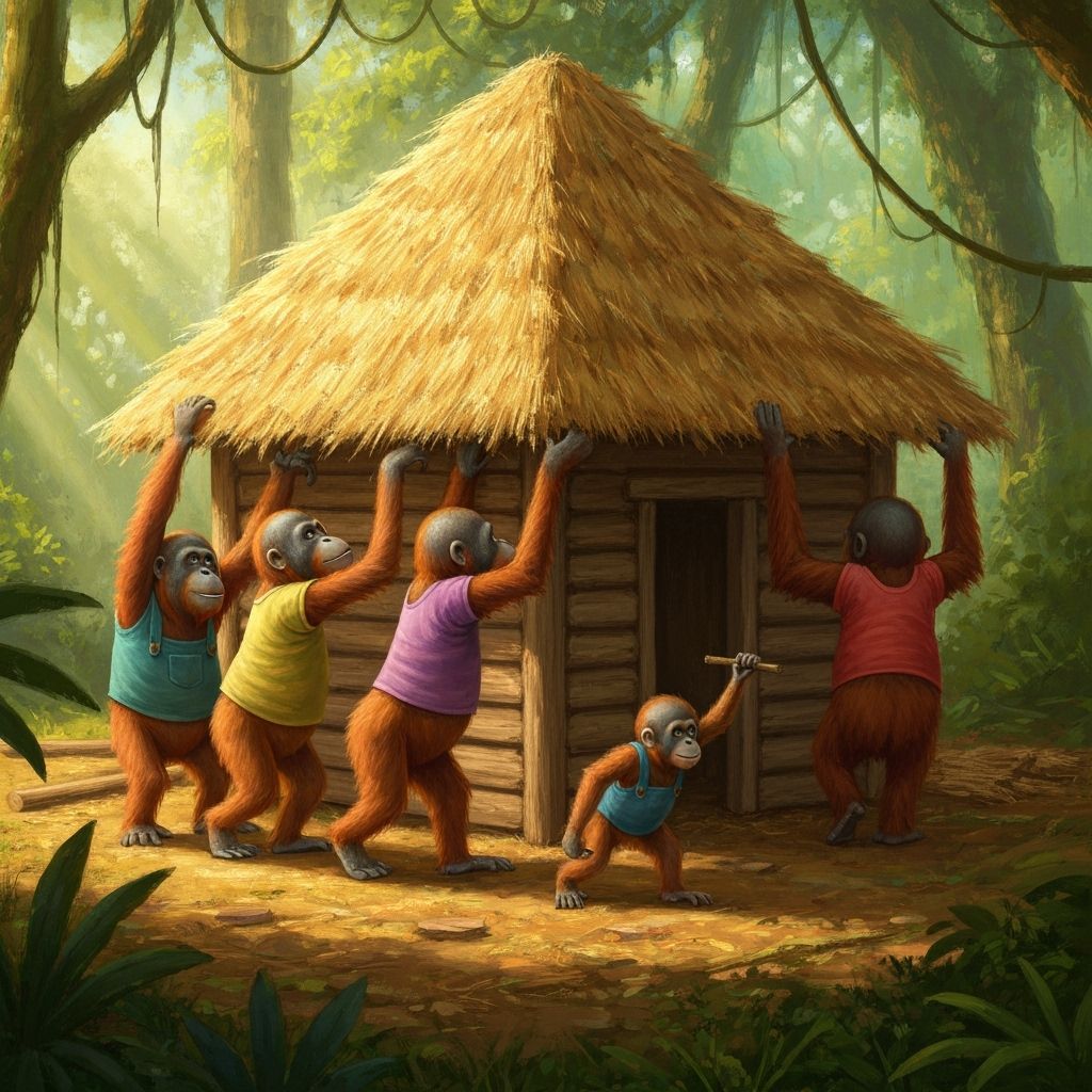 Orangutans Building a Hut in Storybook Style