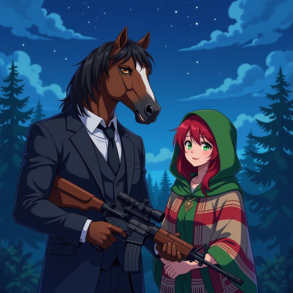 Anime-Style Centaur with AK-47 in Forest