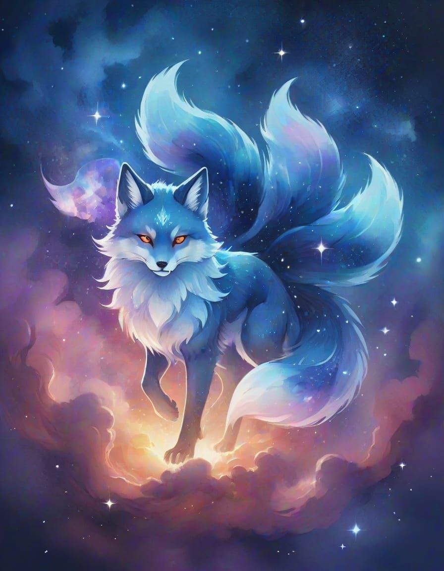 Cosmic Kitsune Emerging from Nebula in Watercolor Style
