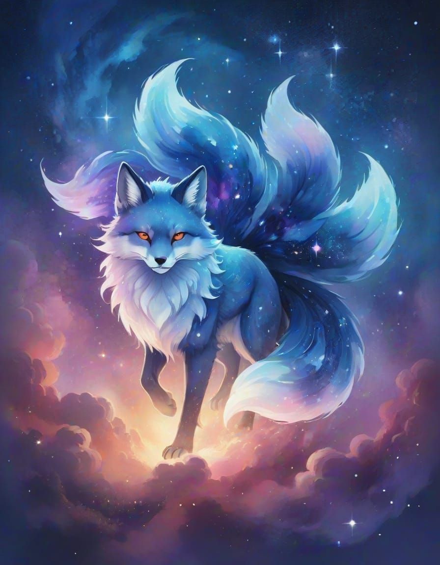 Cosmic Kitsune Portrait in Watercolor Splash Art