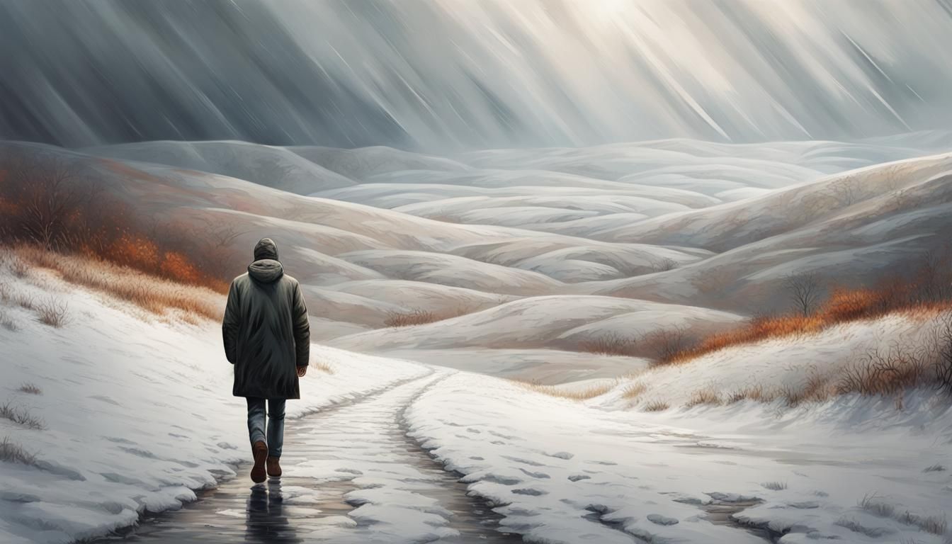 Lone Figure in White Landscape: Hyperrealistic Splash Art