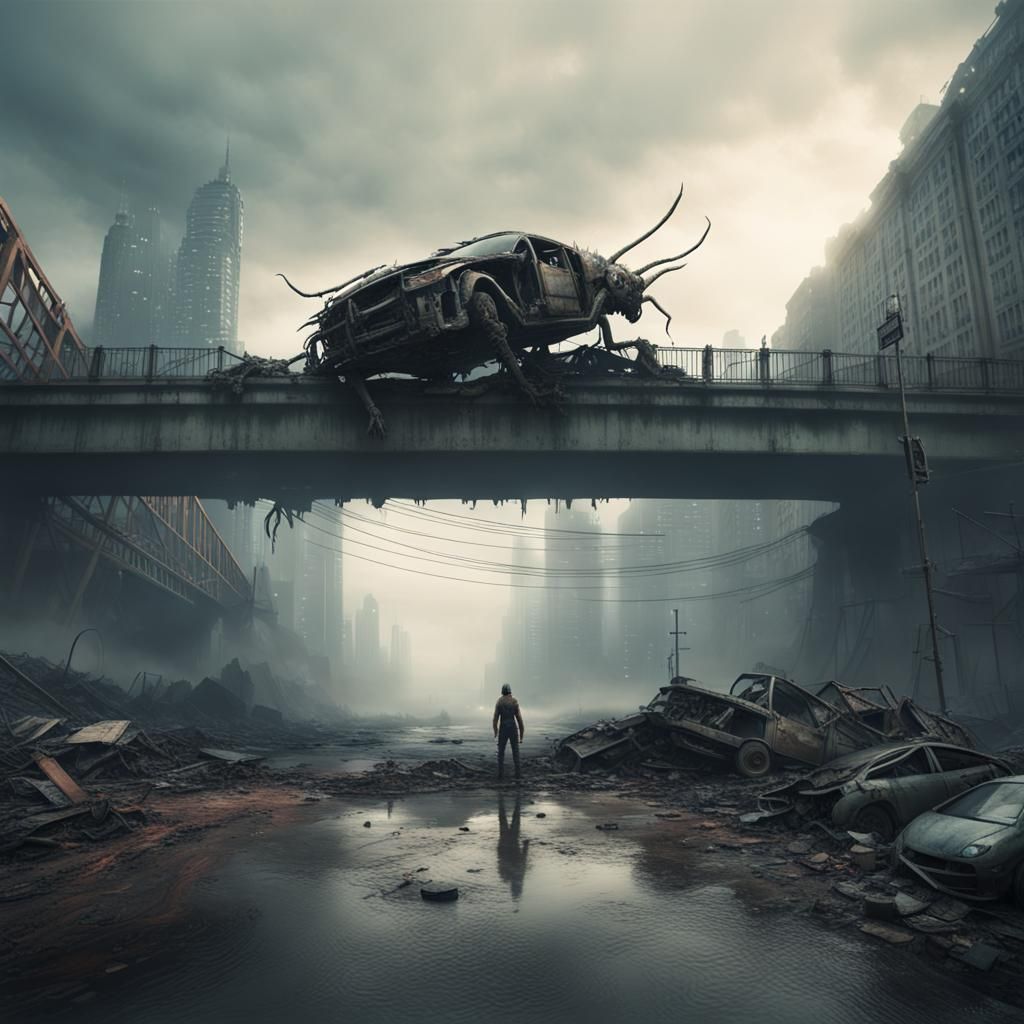 Giant Insectoid Crawls Through Post-Apocalyptic Metropolis