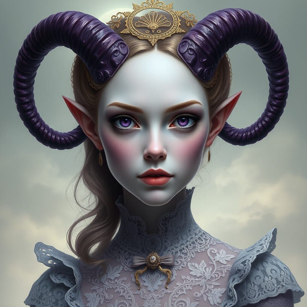 Ethereal Victorian Goddess with Alien Features and Fleshy Ho...