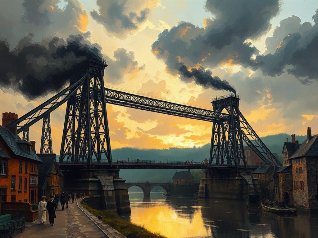Industrial Revolution Landscape with Iron Bridge in Epic Imp...