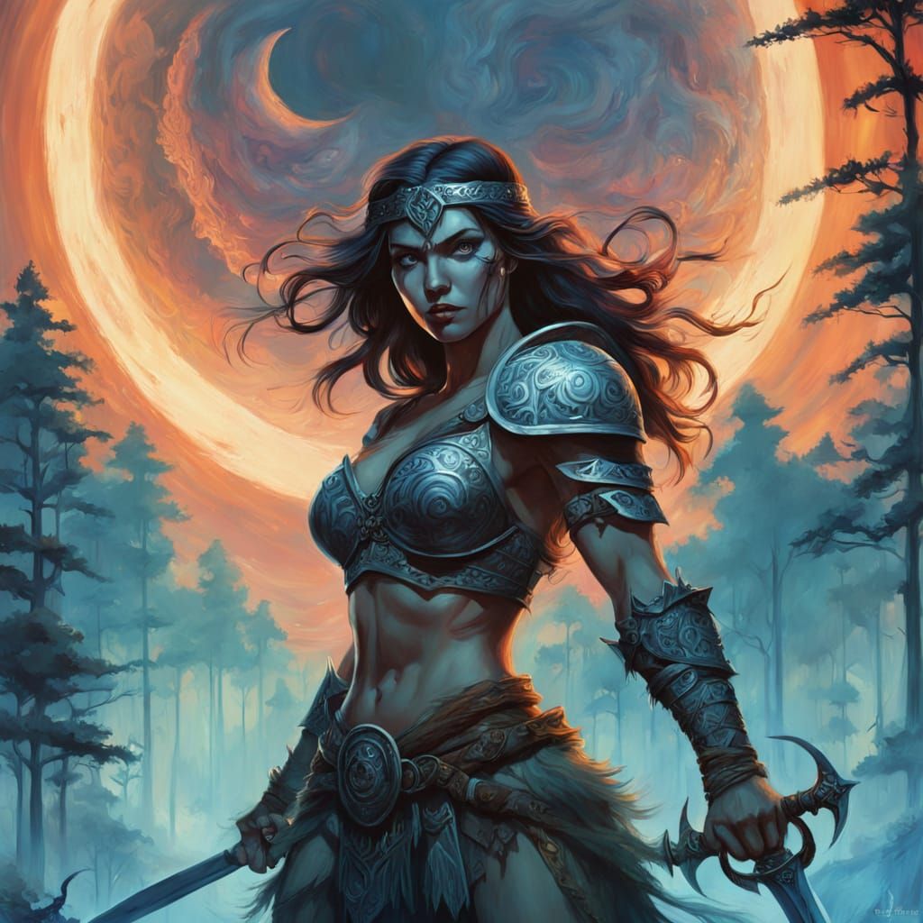 Barbarian Warrior Woman in Enchanted Forest Glade