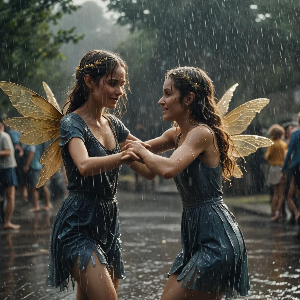 Fairy and Human Dancing in the Rain, Cinematic Film Still