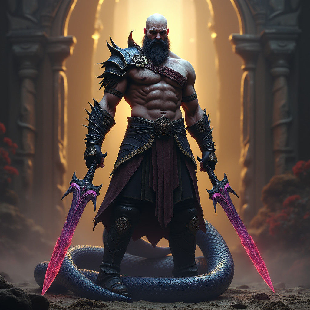 Kratos-like Serpent Warrior in Dark Fantasy Landscape