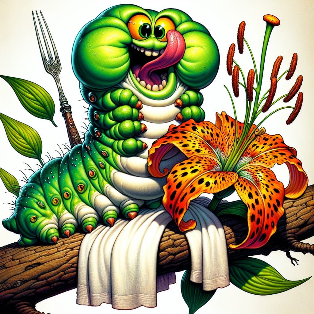 Cartoon Caterpillar's Tiger Lily Feast: Whimsical Illustrati...