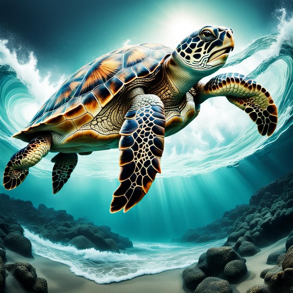 Shimmering Turtle Double Exposure in Ocean Waves