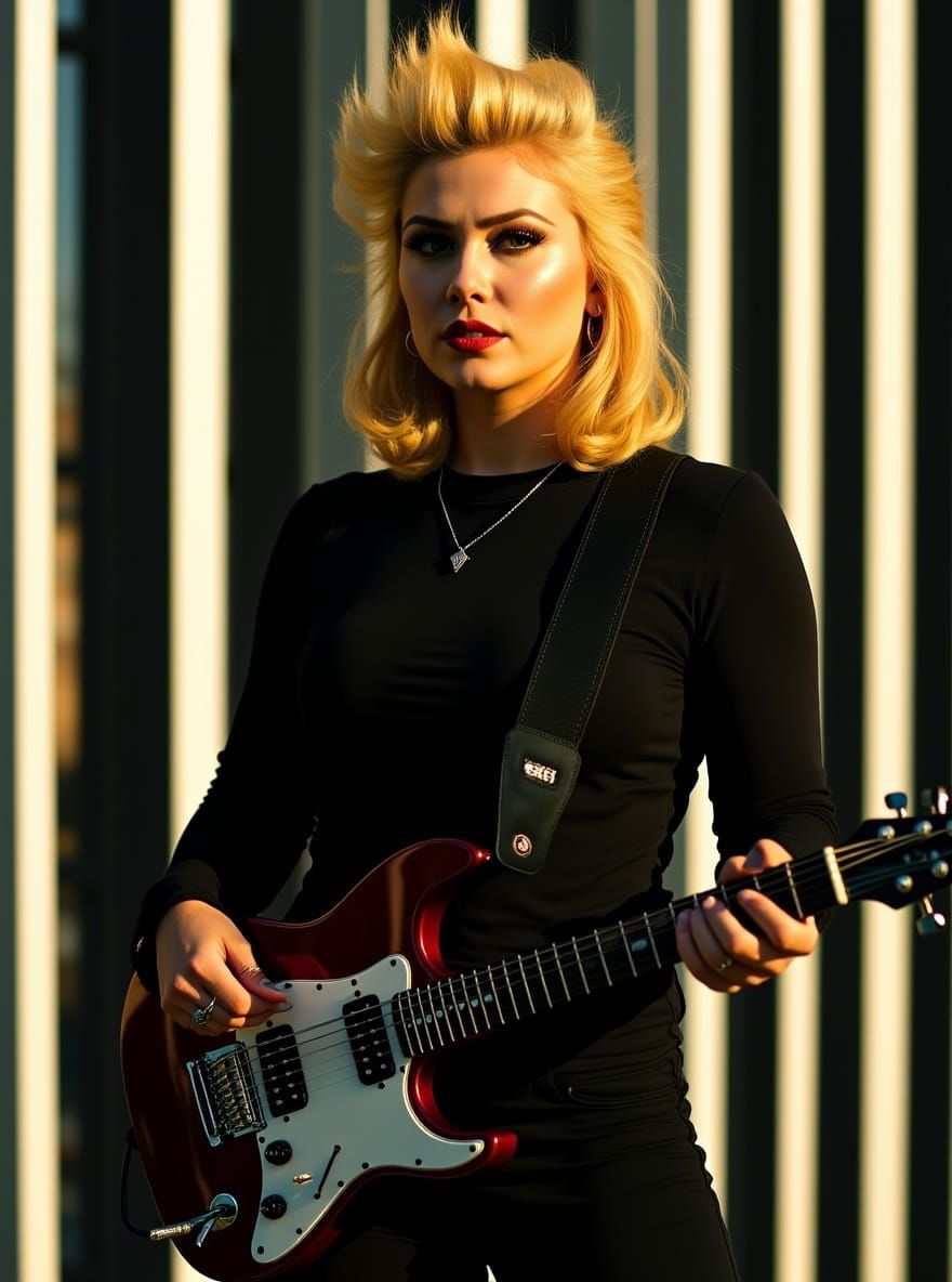 Ginger Spice with Guitar in Photorealistic Film Still