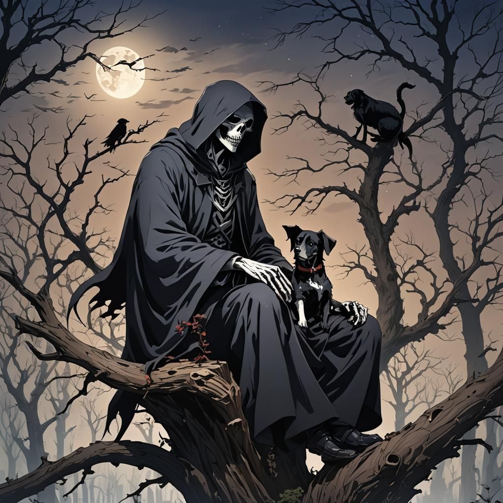 Grim Reaper and Dog in Anime Style