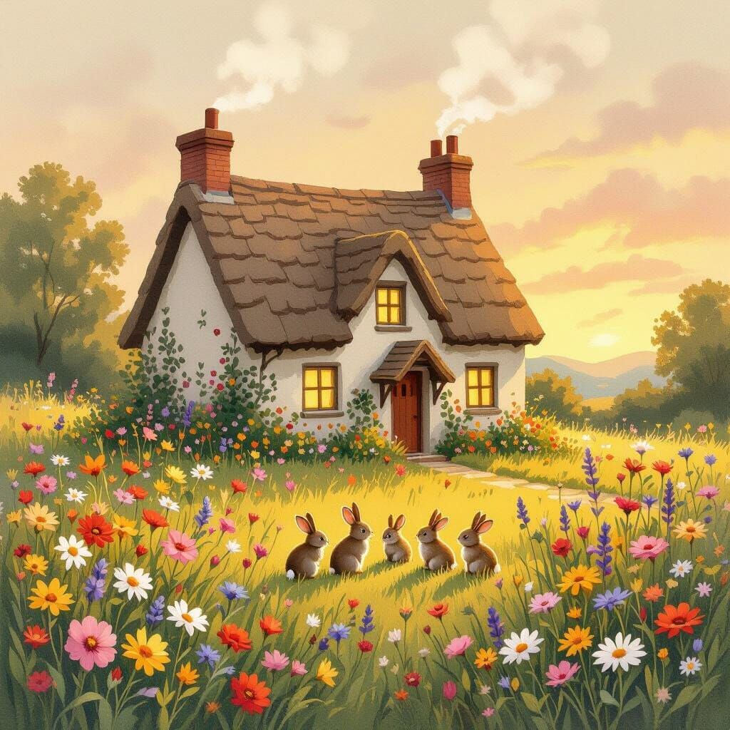 Cozy Cottage in Wildflower Field: Beatrix Potter Style