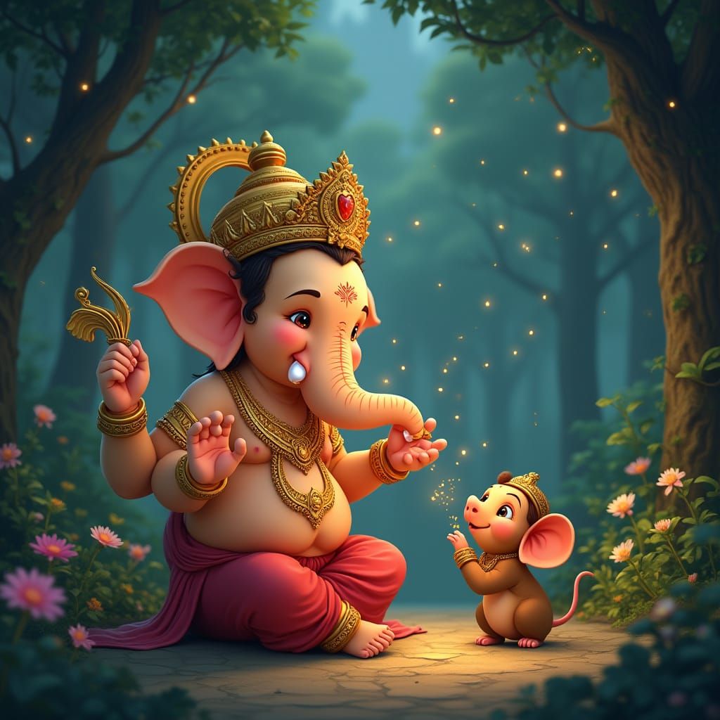 Ganesha Feeds Mouse in Peaceful Animated Forest