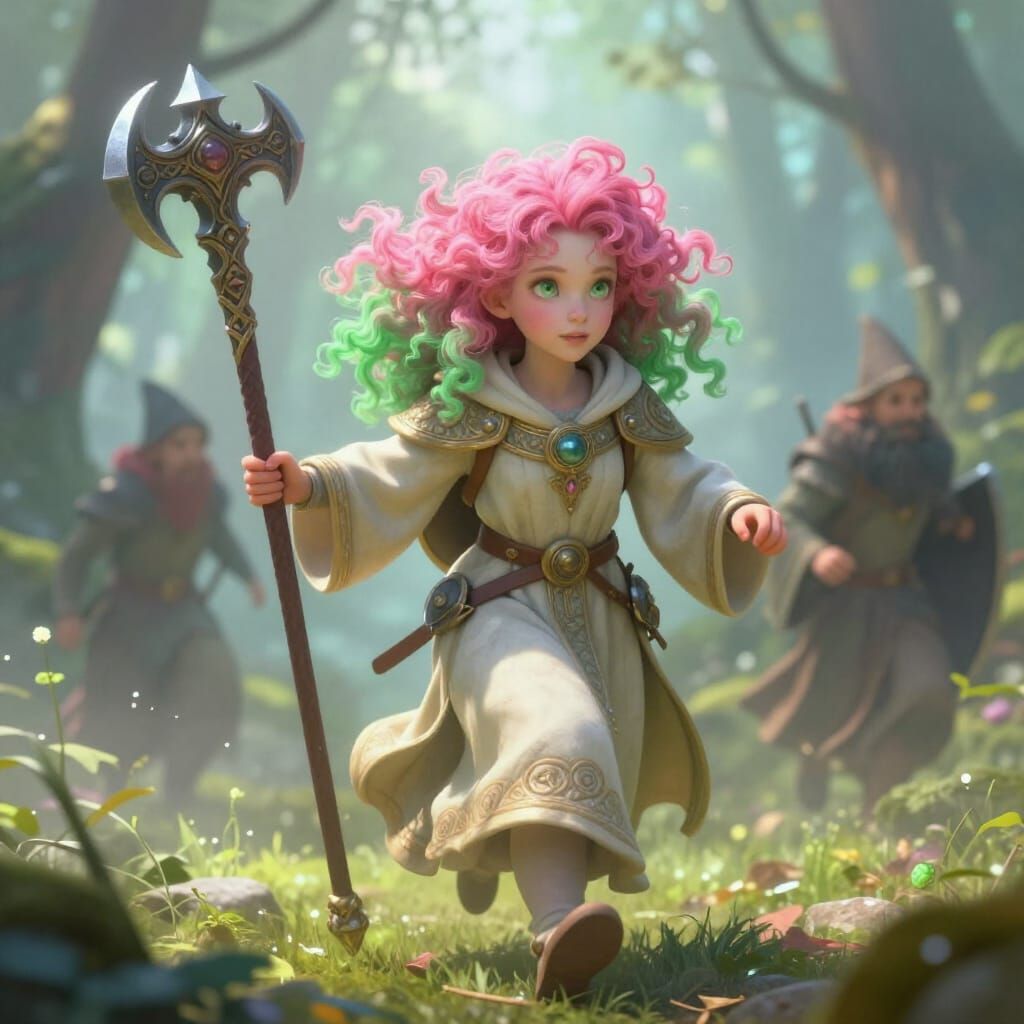 Ethereal Gnome Cleric Running Through Misty Forest