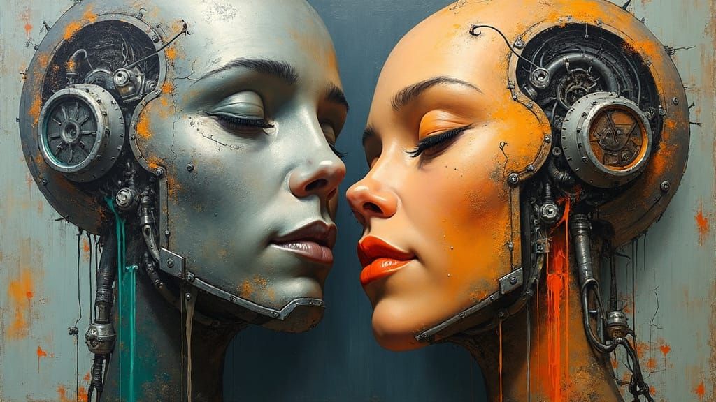 Dreamlike Cyborg Face Oil Painting with Contrasting Expressi...