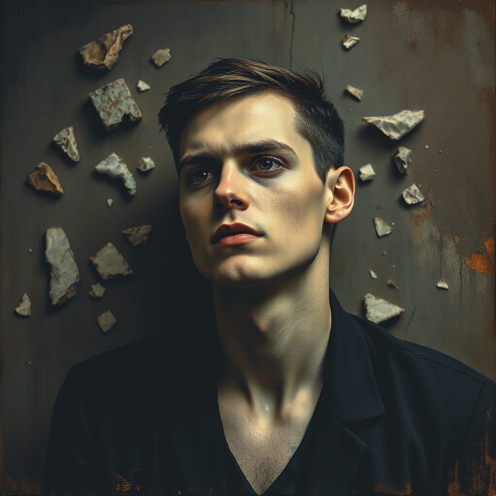 Contemplative Figure Surrounded by Shattered Memories