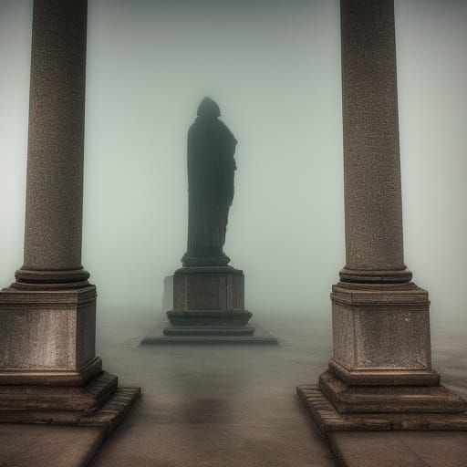 Fog-Shrouded Abandoned Statues: Detailed Matte Painting