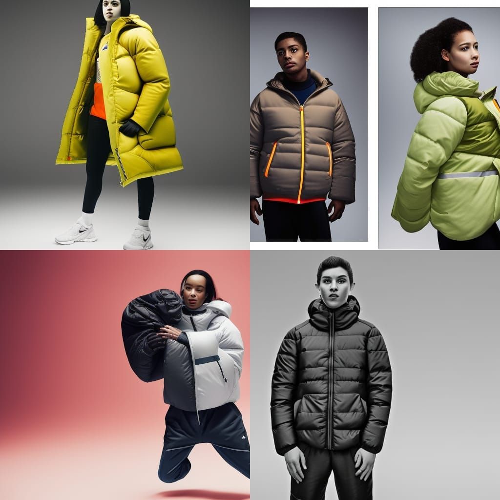 nike campagne for oversized puffer jacket, hasselblad, zeiss 50mm, soft light, studio photography