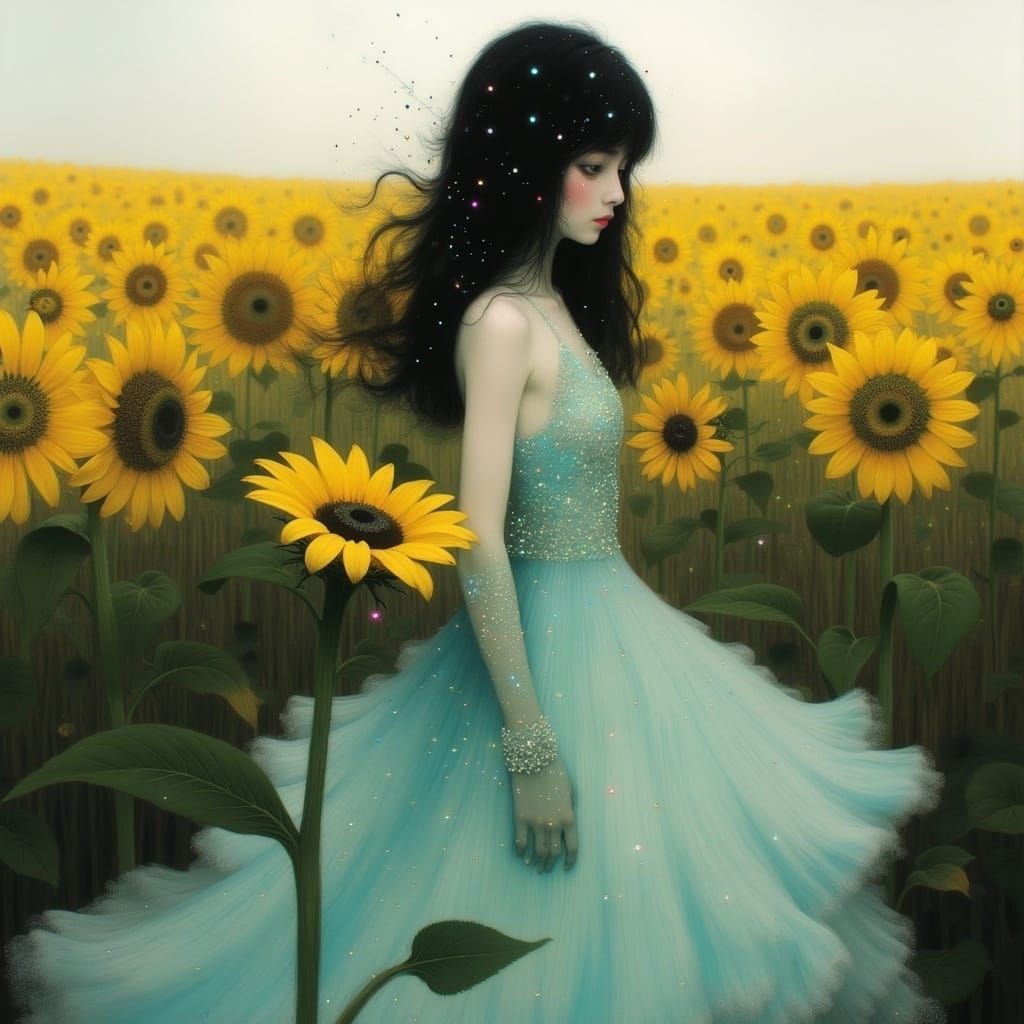 Serene Beauty Amidst Vibrant Sunflowers in Dreamy, Whimsical...