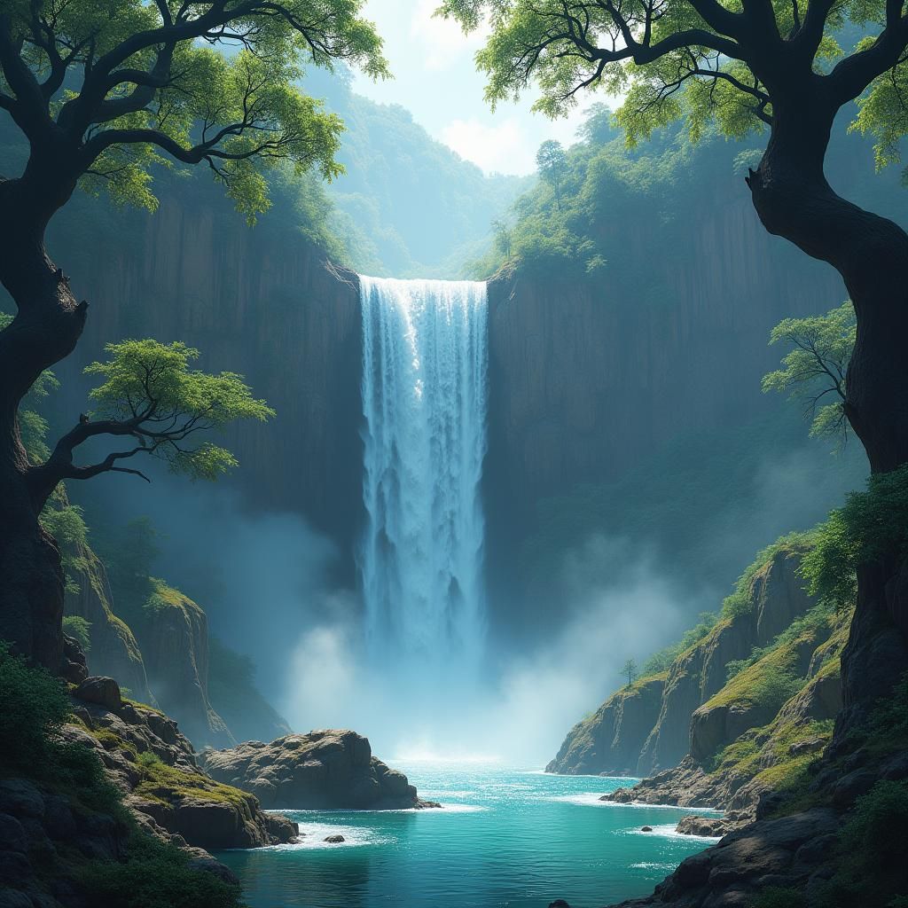 Ethereal Waterfall Scene with Lush Greenery