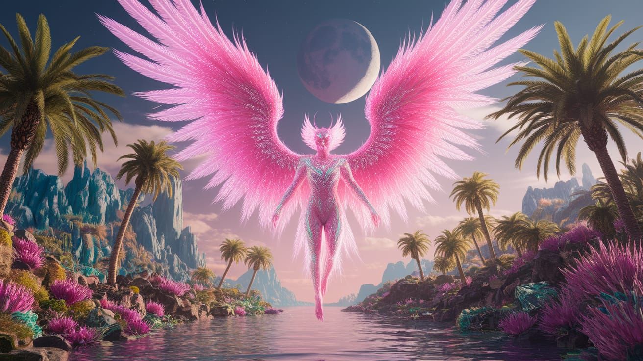 Iridescent Winged Creature in Lush Paradise