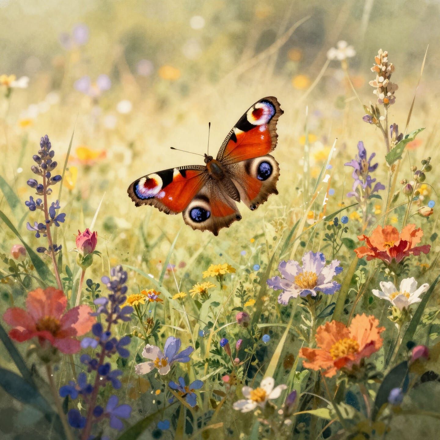 Peacock Butterfly in Golden Hour Meadow Watercolor