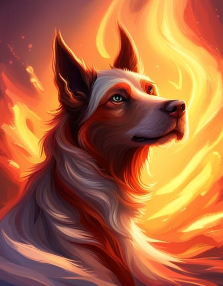Hyperrealistic Fire Elf Dog in Splash Art Style