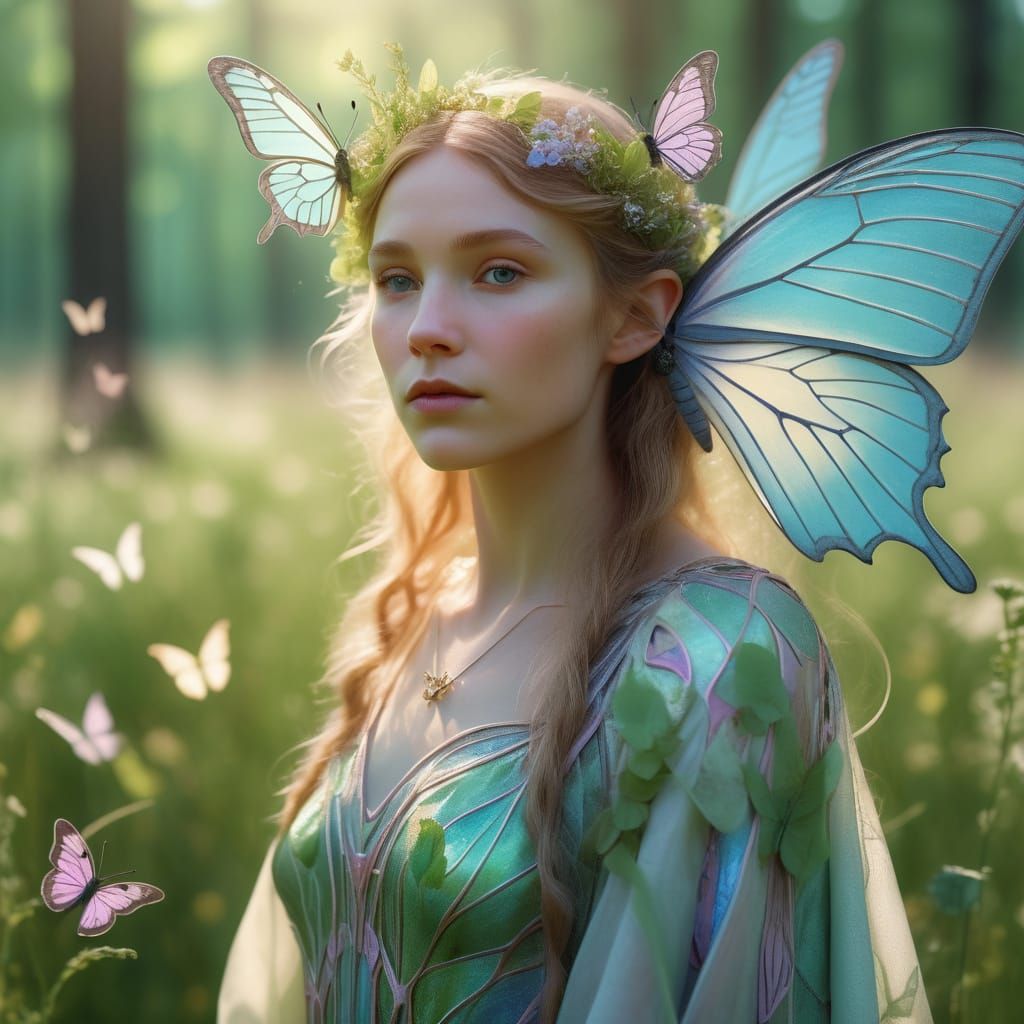 Elven Woman in Meadow: Art Nouveau Science Fiction